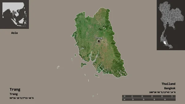 泰省的Trang形状及其首都 距离刻度 预览和标签 卫星图像 3D渲染 — 图库照片