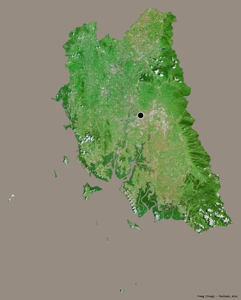 泰国的Trang形状 其首都被隔离在一个坚实的色彩背景上 卫星图像 3D渲染 — 图库照片