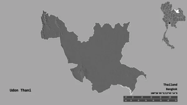 タイの省であるウドタニーの形は その首都はしっかりとした背景に隔離されています 距離スケール リージョンプレビュー およびラベル 標高マップ 3Dレンダリング — ストック写真