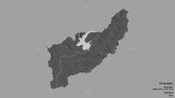 泰国Uttaradit地区 在一个地理参照框的坚实背景上被隔离 Bilevel高程图 3D渲染 — 图库照片