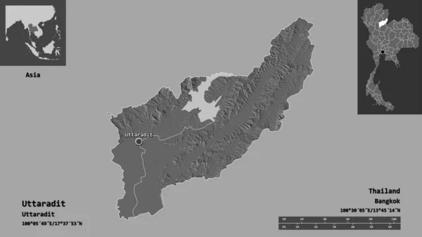 泰国Uttaradit的形状及其首都 距离刻度 预览和标签 Bilevel高程图 3D渲染 — 图库照片