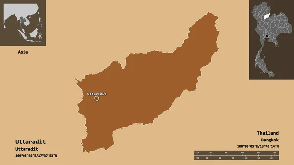 Shape Uttaradit Provinz Von Thailand Und Seine Hauptstadt Entfernungsskala Vorschau — Stockfoto
