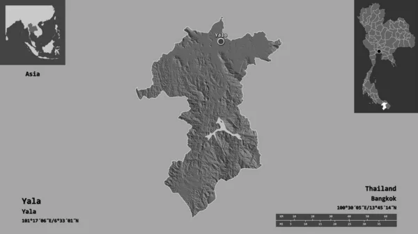 泰国亚拉省的形状及其首府 距离刻度 预览和标签 Bilevel高程图 3D渲染 — 图库照片