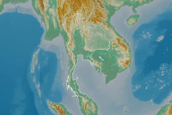 泰国幅员辽阔 有国家概况 国际和区域边界 地形浮雕图 3D渲染 — 图库照片