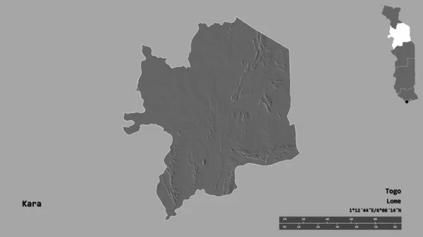 トーゴ地方のカラの形で その首都はしっかりとした背景に隔離されています 距離スケール リージョンプレビュー およびラベル 標高マップ 3Dレンダリング — ストック写真