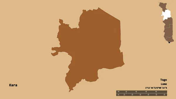多哥地区卡拉的形状 其首都在坚实的背景上与世隔绝 距离尺度 区域预览和标签 图形纹理的组成 3D渲染 — 图库照片