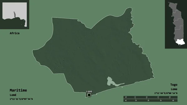 多哥区域海洋形状及其首都 距离刻度 预览和标签 彩色高程图 3D渲染 — 图库照片