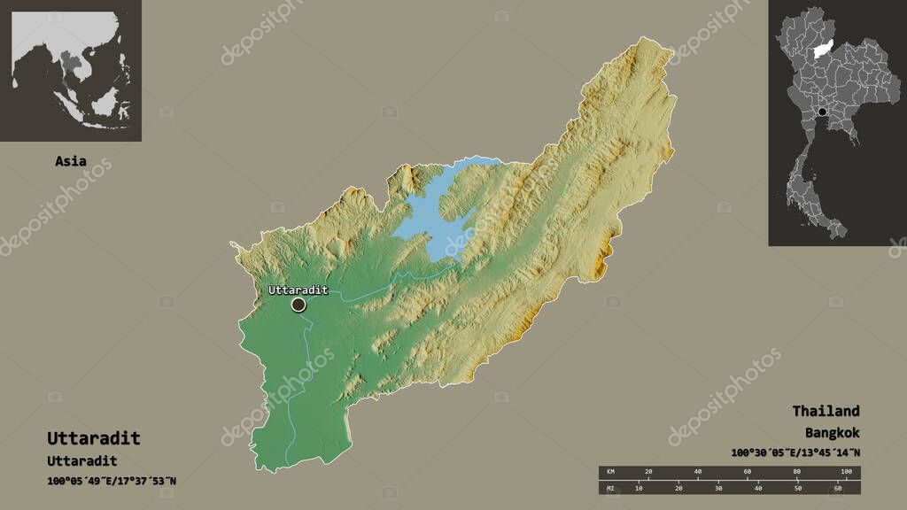 Forma de Uttaradit, provincia de Tailandia, y su capital. Escala de