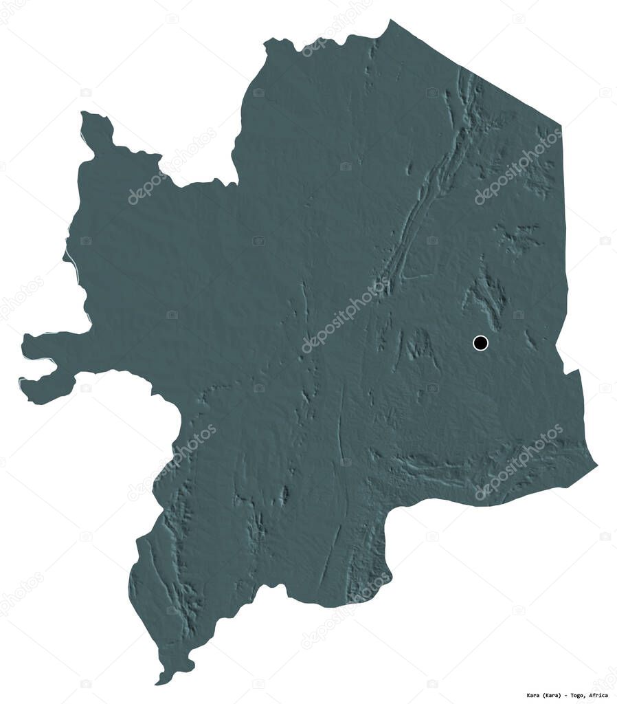 Shape of Kara, region of Togo, with its capital isolated on white background. Colored elevation map. 3D rendering