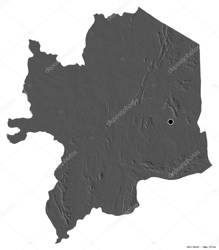 Shape of Kara, region of Togo, with its capital isolated on white background. Bilevel elevation map. 3D rendering