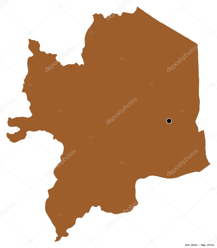 Shape of Kara, region of Togo, with its capital isolated on white background. Composition of patterned textures. 3D rendering