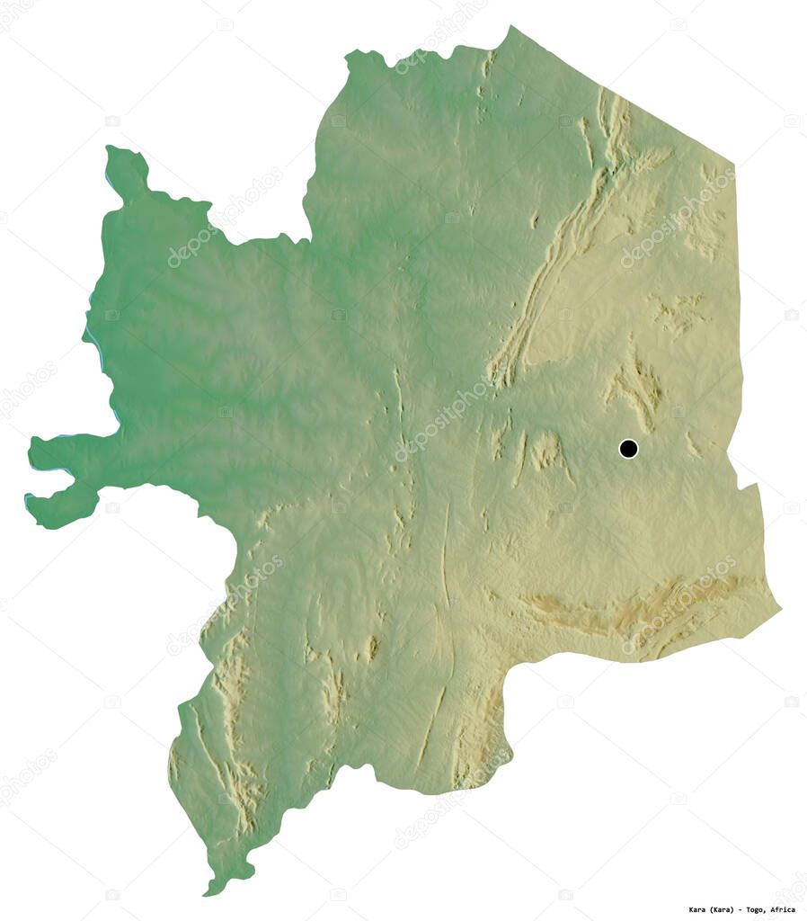 Shape of Kara, region of Togo, with its capital isolated on white background. Topographic relief map. 3D rendering