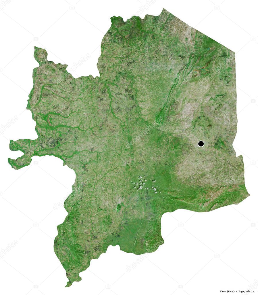 Shape of Kara, region of Togo, with its capital isolated on white background. Satellite imagery. 3D rendering