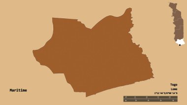 Togo bölgesinin Denizcilik şekli, başkenti sağlam bir zemin üzerinde izole edilmiş. Uzaklık ölçeği, bölge önizlemesi ve etiketleri. Desenli dokuların bileşimi. 3B görüntüleme