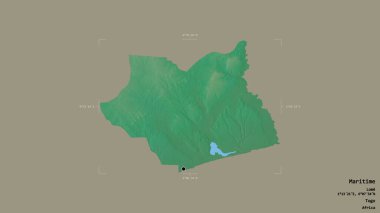 Denizcilik Bölgesi, Togo Bölgesi, katı bir arka planda izole edilmiş bir sınır kutusunda. Etiketler. Topografik yardım haritası. 3B görüntüleme