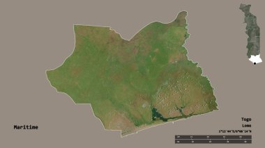 Togo bölgesinin Denizcilik şekli, başkenti sağlam bir zemin üzerinde izole edilmiş. Uzaklık ölçeği, bölge önizlemesi ve etiketleri. Uydu görüntüleri. 3B görüntüleme