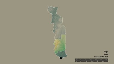 Başkenti, ana bölgesel bölümü ve ayrılmış plato bölgesiyle birlikte Togo 'nun dejenere edilmiş şekli. Etiketler. Topografik yardım haritası. 3B görüntüleme