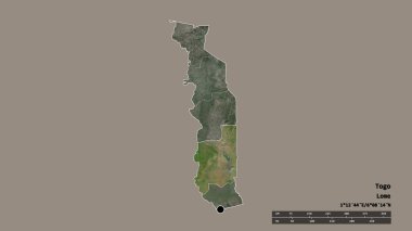 Başkenti, ana bölgesel bölümü ve ayrılmış plato bölgesiyle birlikte Togo 'nun dejenere edilmiş şekli. Etiketler. Uydu görüntüleri. 3B görüntüleme