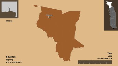 Savanes 'in şekli, Togo bölgesi ve başkenti. Uzaklık ölçeği, ön gösterimler ve etiketler. Desenli dokuların bileşimi. 3B görüntüleme