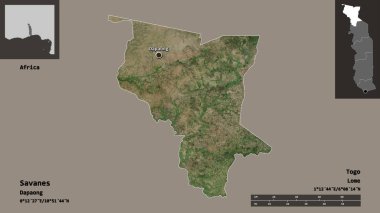 Savanes 'in şekli, Togo bölgesi ve başkenti. Uzaklık ölçeği, ön gösterimler ve etiketler. Uydu görüntüleri. 3B görüntüleme