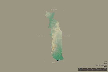 Togo bölgesi katı bir arka planda izole edilmiş jeoreferatlı bir sınır kutusunda. Ana bölgesel bölüm, mesafe ölçeği, etiketler. Topografik yardım haritası. 3B görüntüleme