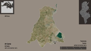 Ariana 'nın şekli, Tunus valisi ve başkenti. Uzaklık ölçeği, ön gösterimler ve etiketler. Uydu görüntüleri. 3B görüntüleme