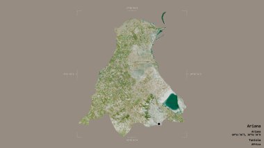 Ariana bölgesi, Tunus valisi, sağlam bir arka planda izole edilmiş bir sınır kutusunda. Etiketler. Uydu görüntüleri. 3B görüntüleme