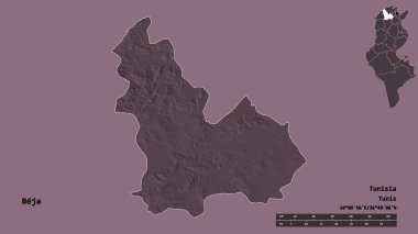 Tunus valisi Beja 'nın şekli, başkenti sağlam bir zemin üzerinde izole edilmiş. Uzaklık ölçeği, bölge önizlemesi ve etiketleri. Renkli yükseklik haritası. 3B görüntüleme
