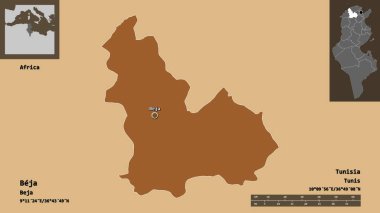 Beja 'nın şekli, Tunus valisi ve başkenti. Uzaklık ölçeği, ön gösterimler ve etiketler. Desenli dokuların bileşimi. 3B görüntüleme