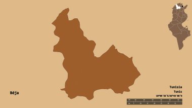 Tunus valisi Beja 'nın şekli, başkenti sağlam bir zemin üzerinde izole edilmiş. Uzaklık ölçeği, bölge önizlemesi ve etiketleri. Desenli dokuların bileşimi. 3B görüntüleme
