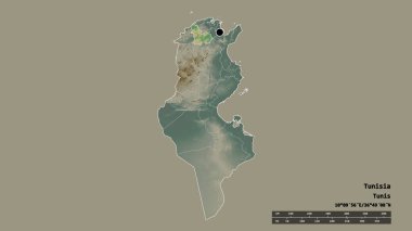 Başkenti, ana bölgesel bölünmesi ve ayrılmış Beja bölgesi ile Tunus 'un dejenere edilmiş şekli. Etiketler. Topografik yardım haritası. 3B görüntüleme