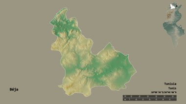 Tunus valisi Beja 'nın şekli, başkenti sağlam bir zemin üzerinde izole edilmiş. Uzaklık ölçeği, bölge önizlemesi ve etiketleri. Topografik yardım haritası. 3B görüntüleme