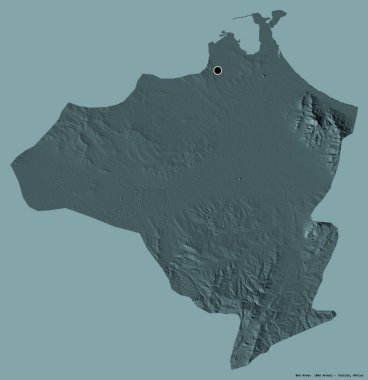 Tunus valisi Ben Arous 'un şekli, başkenti katı bir renk arkaplanı ile izole edilmiştir. Renkli yükseklik haritası. 3B görüntüleme