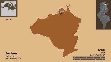 Tunus valisi ve başkenti Ben Arous 'un sureti. Uzaklık ölçeği, ön gösterimler ve etiketler. Desenli dokuların bileşimi. 3B görüntüleme