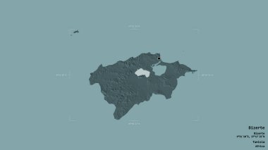 Bizerte bölgesi, Tunus valisi, sağlam bir arka planda izole edilmiş bir sınır kutusunda. Etiketler. Renkli yükseklik haritası. 3B görüntüleme