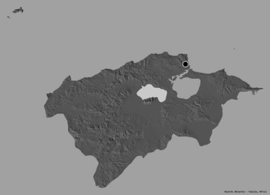 Bizerte 'nin şekli, Tunus valisi, başkenti katı renk arkaplanı ile izole edilmiş. Çift seviyeli yükseklik haritası. 3B görüntüleme