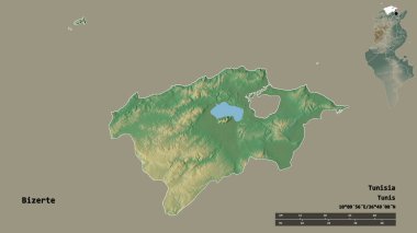 Bizerte 'nin şekli, Tunus valisi, başkenti sağlam arka planda izole edilmiş. Uzaklık ölçeği, bölge önizlemesi ve etiketleri. Topografik yardım haritası. 3B görüntüleme