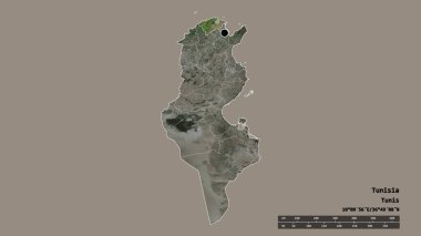 Başkenti, ana bölgesel bölümü ve ayrılmış Bizerte bölgesiyle Tunus 'un dejenere edilmiş şekli. Etiketler. Uydu görüntüleri. 3B görüntüleme