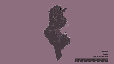 Başkenti, ana bölgesel bölümü ve ayrılmış Gabes bölgesiyle Tunus 'un dejenere edilmiş şekli. Etiketler. Renkli yükseklik haritası. 3B görüntüleme