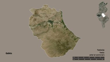 Tunus valisi Gabes 'in şekli, başkenti sağlam bir arka planda izole edilmiş. Uzaklık ölçeği, bölge önizlemesi ve etiketleri. Uydu görüntüleri. 3B görüntüleme
