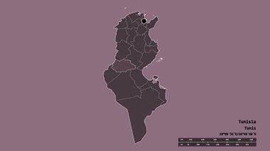Başkenti, ana bölgesel bölümü ve ayrılmış Gafsa bölgesi ile Tunus 'un dejenere edilmiş şekli. Etiketler. Renkli yükseklik haritası. 3B görüntüleme