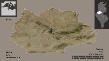 Tunus valisi ve başkenti Gafsa 'nın şekli. Uzaklık ölçeği, ön gösterimler ve etiketler. Uydu görüntüleri. 3B görüntüleme