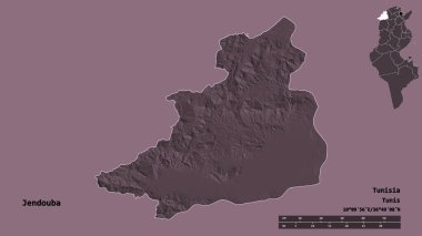 Tunus valisi Jendouba 'nın şekli, başkenti sağlam bir arka planda izole edilmiştir. Uzaklık ölçeği, bölge önizlemesi ve etiketleri. Renkli yükseklik haritası. 3B görüntüleme
