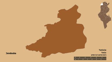 Tunus valisi Jendouba 'nın şekli, başkenti sağlam bir arka planda izole edilmiştir. Uzaklık ölçeği, bölge önizlemesi ve etiketleri. Desenli dokuların bileşimi. 3B görüntüleme