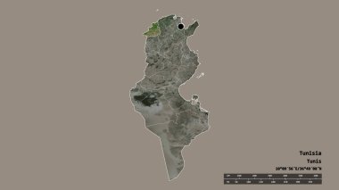 Başkenti, ana bölgesel bölümü ve ayrılmış Jendouba bölgesiyle Tunus 'un dejenere edilmiş şekli. Etiketler. Uydu görüntüleri. 3B görüntüleme
