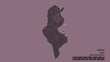 Başkenti, ana bölgesel bölümü ve ayrılmış Kairouan bölgesiyle Tunus 'un dejenere edilmiş şekli. Etiketler. Renkli yükseklik haritası. 3B görüntüleme