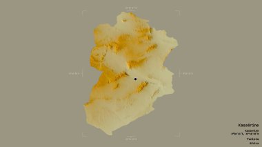 Kasserine bölgesi, Tunus valisi, sağlam bir arka planda izole edilmiş bir sınır kutusunda. Etiketler. Topografik yardım haritası. 3B görüntüleme