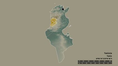 Başkenti, ana bölgesel bölümü ve ayrılmış Kasserine bölgesi ile Tunus 'un dejenere edilmiş şekli. Etiketler. Topografik yardım haritası. 3B görüntüleme