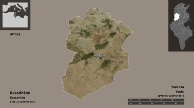 Kasserine 'in şekli, Tunus valisi ve başkenti. Uzaklık ölçeği, ön gösterimler ve etiketler. Uydu görüntüleri. 3B görüntüleme