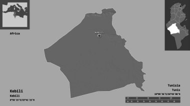 Kebili 'nin şekli, Tunus valisi ve başkenti. Uzaklık ölçeği, ön gösterimler ve etiketler. Çift seviyeli yükseklik haritası. 3B görüntüleme